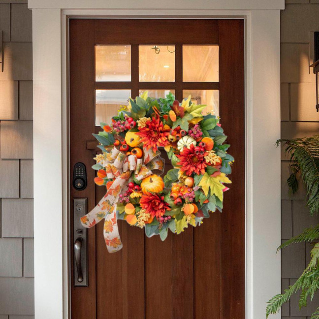 18 Inch Fall Wreath for Front Door Artificial Pumpkin Wreath with Dahlia Berries And Bow Large Autumn Wreath for Thanksgiving Farmhouse Indoor Outdoor Decor