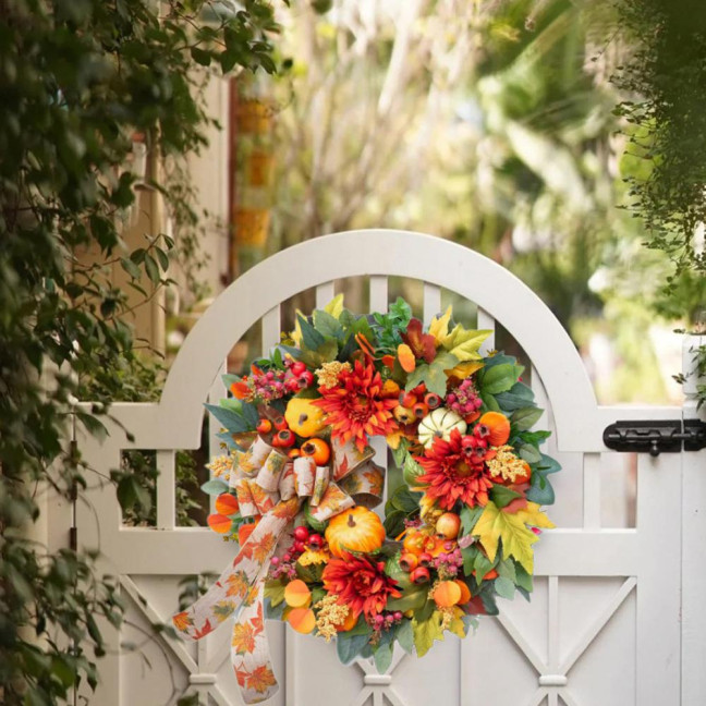 18 Inch Fall Wreath for Front Door Artificial Pumpkin Wreath with Dahlia Berries And Bow Large Autumn Wreath for Thanksgiving Farmhouse Indoor Outdoor Decor