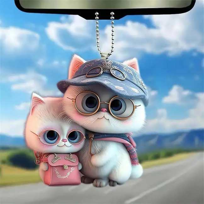 2D Flat Cat Car Rear View Mirror Charm Acrylic Cartoon Cat Christmas Tree Hanging Ornament Auto Interior Accessories for Window Wall Decor