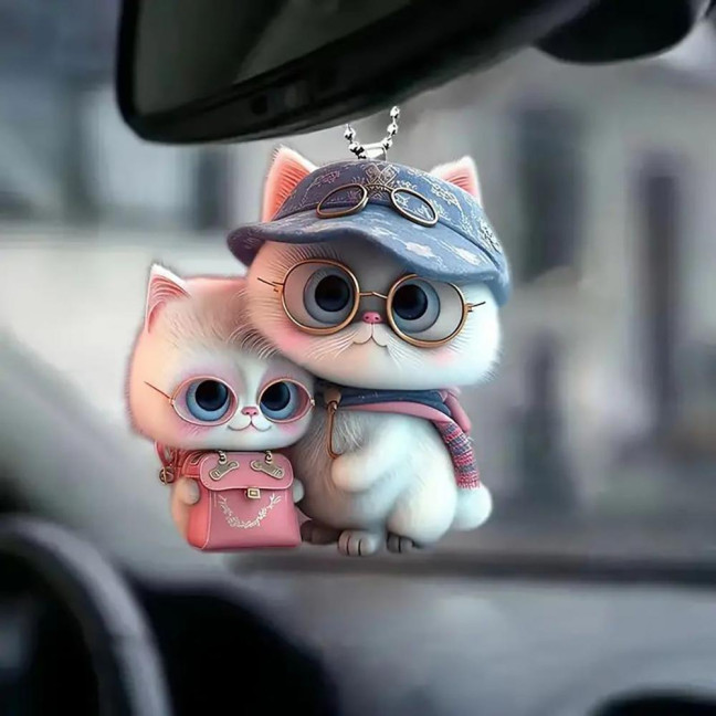 2D Flat Cat Car Rear View Mirror Charm Acrylic Cartoon Cat Christmas Tree Hanging Ornament Auto Interior Accessories for Window Wall Decor