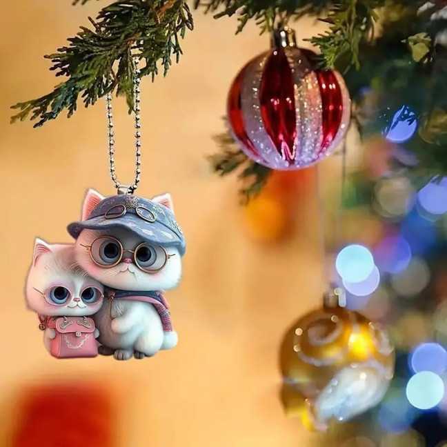 2D Flat Cat Car Rear View Mirror Charm Acrylic Cartoon Cat Christmas Tree Hanging Ornament Auto Interior Accessories for Window Wall Decor
