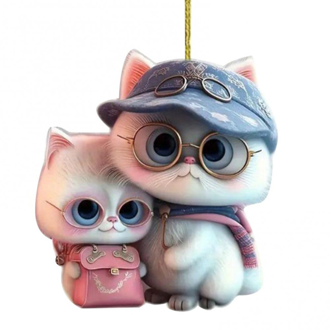 2D Flat Cat Car Rear View Mirror Charm Acrylic Cartoon Cat Christmas Tree Hanging Ornament Auto Interior Accessories for Window Wall Decor