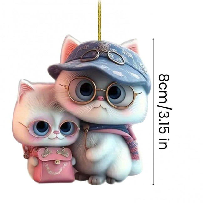 2D Flat Cat Car Rear View Mirror Charm Acrylic Cartoon Cat Christmas Tree Hanging Ornament Auto Interior Accessories for Window Wall Decor
