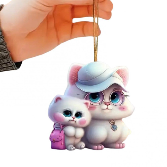 2D Flat Cat Car Rear View Mirror Charm Acrylic Cartoon Cat Christmas Tree Hanging Ornament Auto Interior Accessories for Window Wall Decor