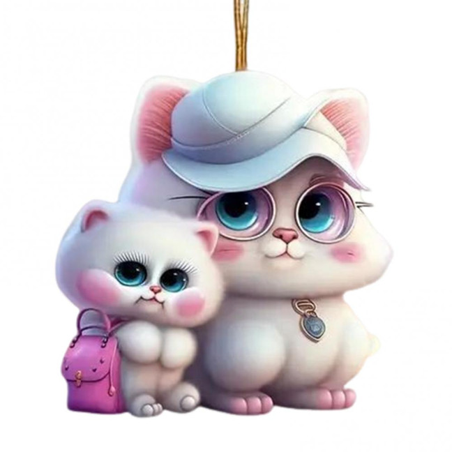 2D Flat Cat Car Rear View Mirror Charm Acrylic Cartoon Cat Christmas Tree Hanging Ornament Auto Interior Accessories for Window Wall Decor