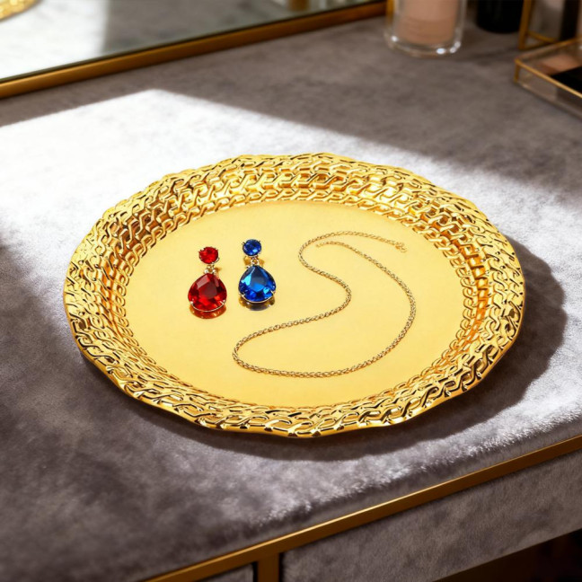 Vintage Round Metal Tray Retro Decorative Display Plate Flat Bottom Serving Platter for Jewelry Storage Snacks Cake Coffee Coaster