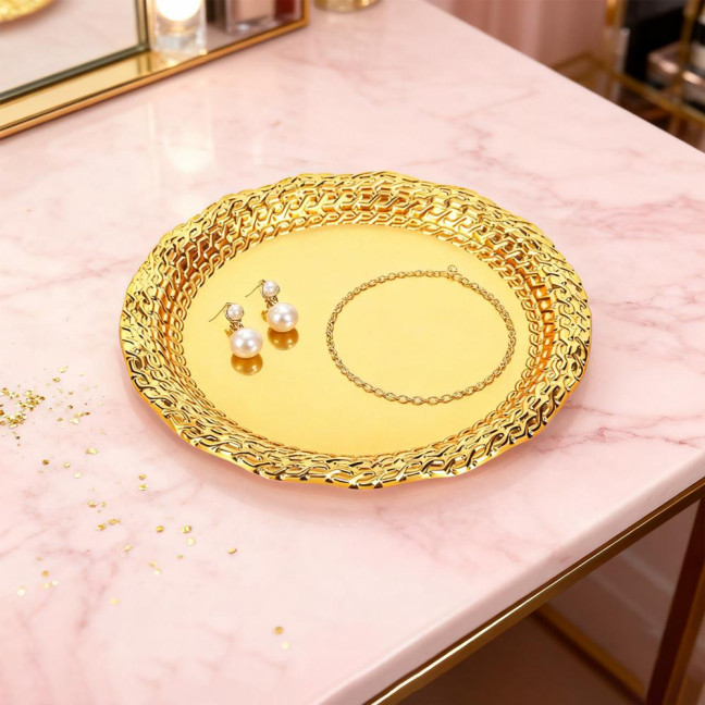 Vintage Round Metal Tray Retro Decorative Display Plate Flat Bottom Serving Platter for Jewelry Storage Snacks Cake Coffee Coaster