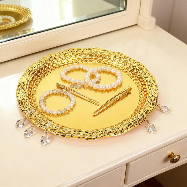 Vintage Round Metal Tray Retro Decorative Display Plate Flat Bottom Serving Platter for Jewelry Storage Snacks Cake Coffee Coaster