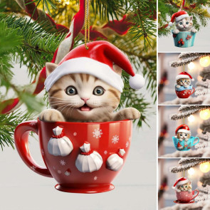 Christmas Pendant 2D Acrylic Cat Sitting Mug Charm Hanging Decor with Lanyard Holiday Party Decoration