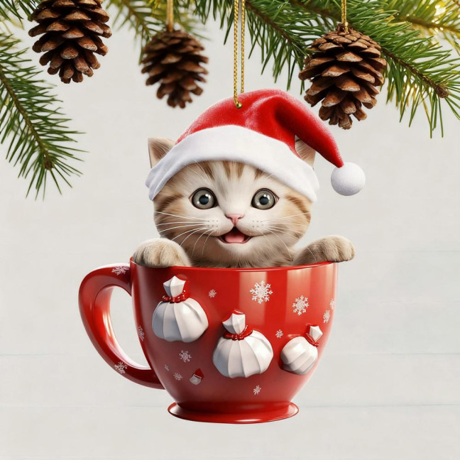 Christmas Pendant 2D Acrylic Cat Sitting Mug Charm Hanging Decor with Lanyard Holiday Party Decoration Christmas Pendant 2D Acrylic Cat Sitting Mug Charm Hanging Decor with Lanyard Holiday Party Decoration