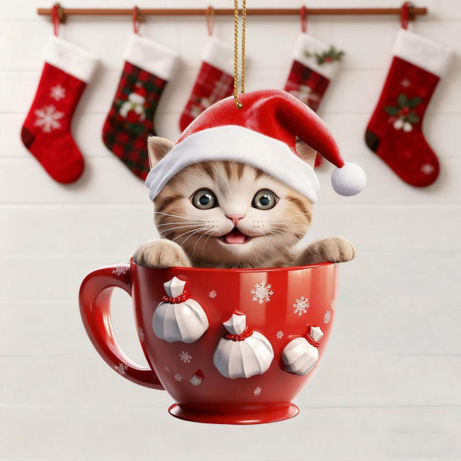 Christmas Pendant 2D Acrylic Cat Sitting Mug Charm Hanging Decor with Lanyard Holiday Party Decoration Christmas Pendant 2D Acrylic Cat Sitting Mug Charm Hanging Decor with Lanyard Holiday Party Decoration