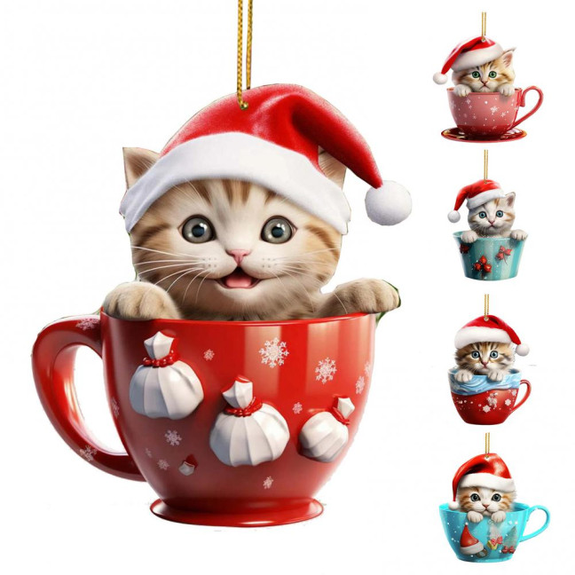 Christmas Pendant 2D Acrylic Cat Sitting Mug Charm Hanging Decor with Lanyard Holiday Party Decoration Christmas Pendant 2D Acrylic Cat Sitting Mug Charm Hanging Decor with Lanyard Holiday Party Decoration