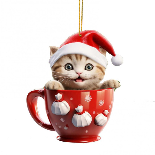 Christmas Pendant 2D Acrylic Cat Sitting Mug Charm Hanging Decor with Lanyard Holiday Party Decoration Christmas Pendant 2D Acrylic Cat Sitting Mug Charm Hanging Decor with Lanyard Holiday Party Decoration