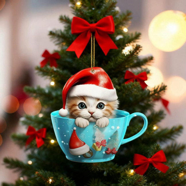 Christmas Pendant 2D Acrylic Cat Sitting Mug Charm Hanging Decor with Lanyard Holiday Party Decoration Christmas Pendant 2D Acrylic Cat Sitting Mug Charm Hanging Decor with Lanyard Holiday Party Decoration