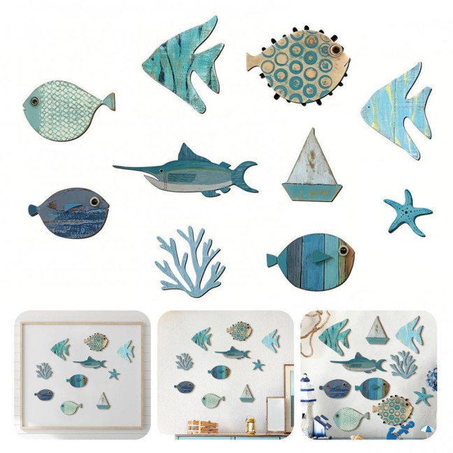 10Pcs/Set Fish Wall Decoration Coastal Style Wooden Fish Beach Theme Wall Art Fish Ornament for Walls Doors Bedrooms Living Rooms