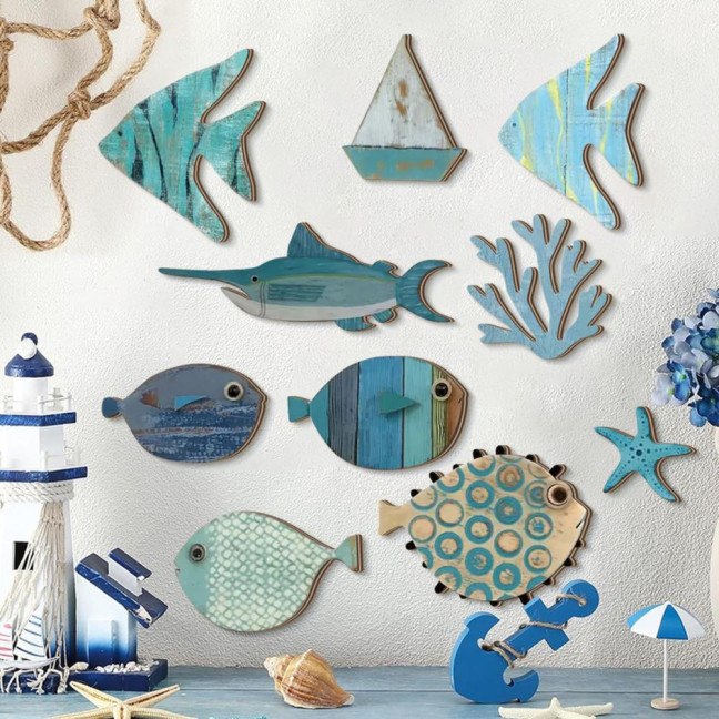 10Pcs/Set Fish Wall Decoration Coastal Style Wooden Fish Beach Theme Wall Art Fish Ornament for Walls Doors Bedrooms Living Rooms