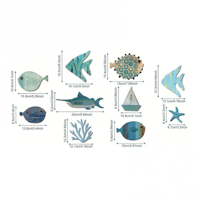 10Pcs/Set Fish Wall Decoration Coastal Style Wooden Fish Beach Theme Wall Art Fish Ornament for Walls Doors Bedrooms Living Rooms