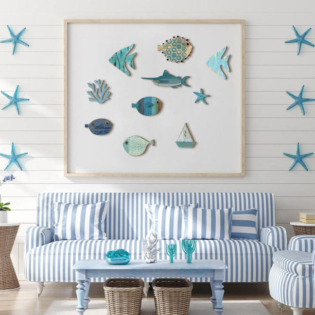 10Pcs/Set Fish Wall Decoration Coastal Style Wooden Fish Beach Theme Wall Art Fish Ornament for Walls Doors Bedrooms Living Rooms