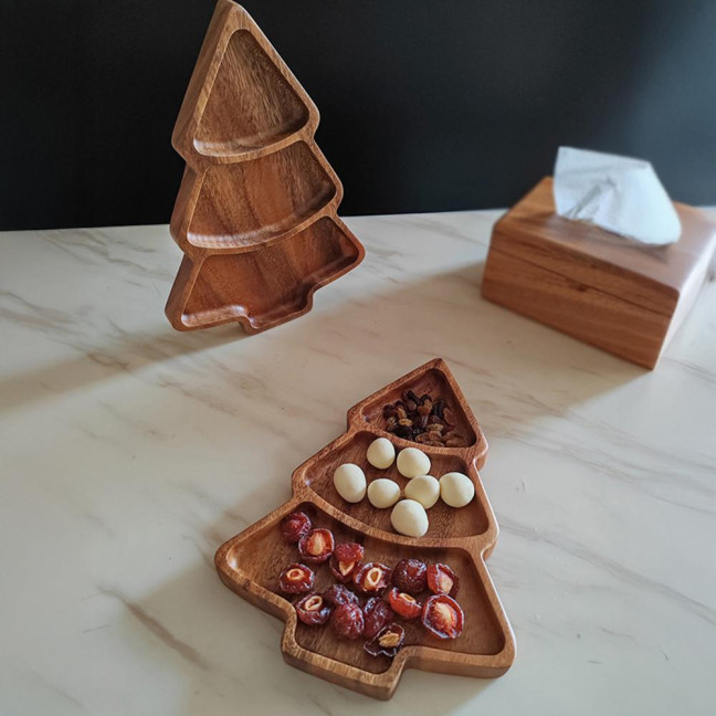 Christmas Tree Shaped Wooden Serving Tray Charcuterie Board Compartment Snack Platter for Breakfast Fruits Nuts Holiday Party Home Decor