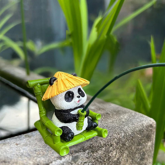 Fishing Panda Figurine Bamboo Chair Panda Resin Statue Sculpture Outdoor Yard Fishpond Aquarium Fish Tanks Edge Decoration Ornament 