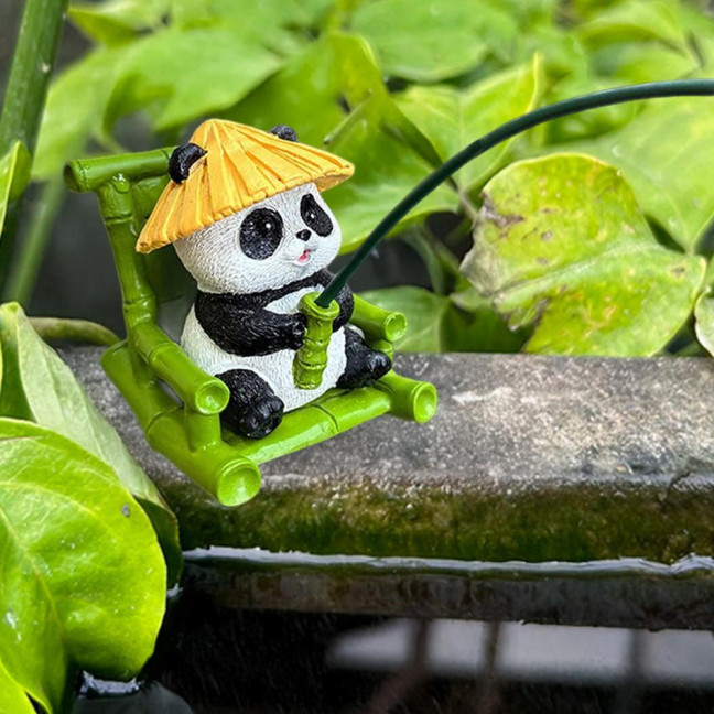 Fishing Panda Figurine Bamboo Chair Panda Resin Statue Sculpture Outdoor Yard Fishpond Aquarium Fish Tanks Edge Decoration Ornament 