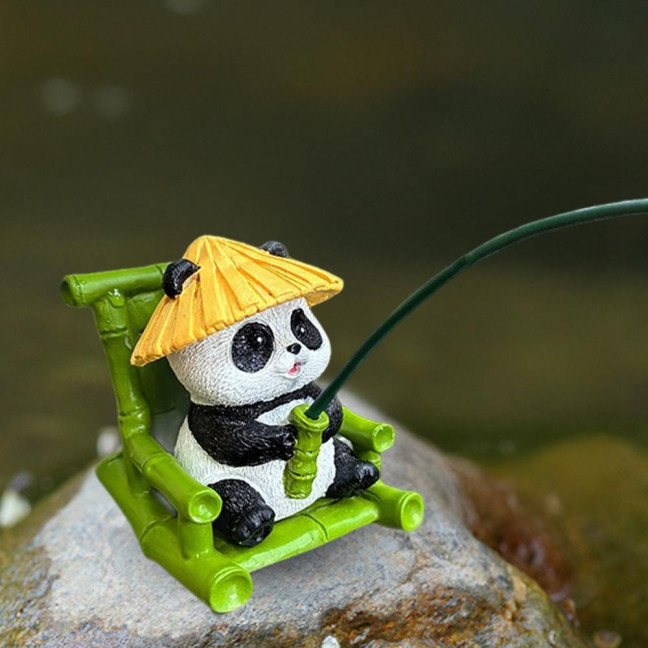 Fishing Panda Figurine Bamboo Chair Panda Resin Statue Sculpture Outdoor Yard Fishpond Aquarium Fish Tanks Edge Decoration Ornament 