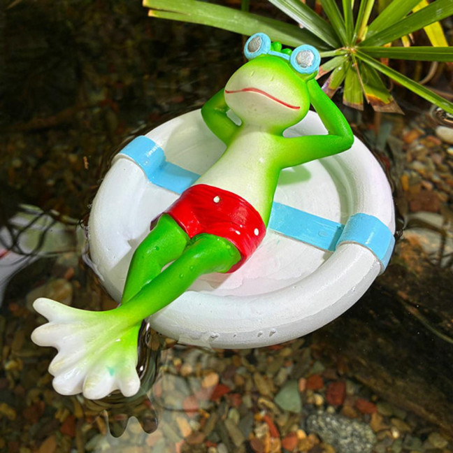 Floating Swim Ring Frog Figurine Sleeping Frog Statue Sculpture Outdoor Garden Yard Fishpond Aquarium Decoration Ornament 
