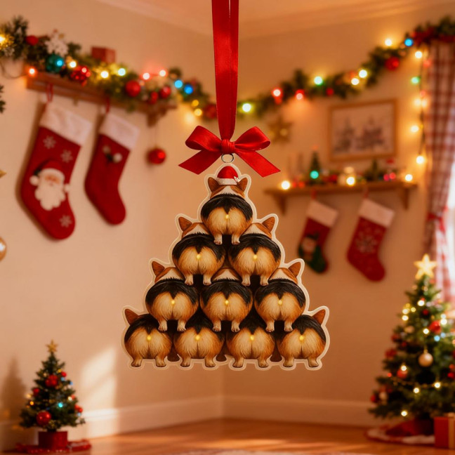 Corgi Butt Christmas Ornament 2D Acrylic Funny Dog Butt Stacking Xmas Tree Shaped Pendants for Tree Car Home Hanging Decor