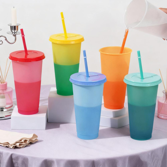 Color Changing Plastic Tumbler with Straw 24oz Reusable Cold Water Cup Leak-Proof Stackable Drinkware for Indoor Outdoor Use
