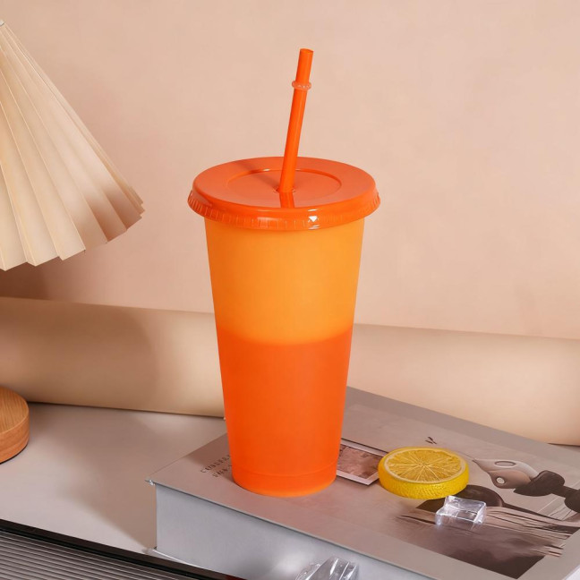 Color Changing Plastic Tumbler with Straw 24oz Reusable Cold Water Cup Leak-Proof Stackable Drinkware for Indoor Outdoor Use