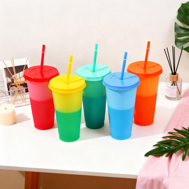 Color Changing Plastic Tumbler with Straw 24oz Reusable Cold Water Cup Leak-Proof Stackable Drinkware for Indoor Outdoor Use