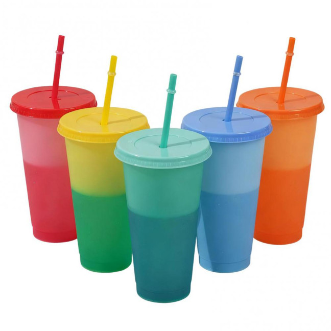 Color Changing Plastic Tumbler with Straw 24oz Reusable Cold Water Cup Leak-Proof Stackable Drinkware for Indoor Outdoor Use