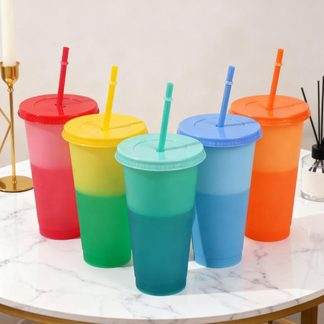 Color Changing Plastic Tumbler with Straw 24oz Reusable Cold Water Cup Leak-Proof Stackable Drinkware for Indoor Outdoor Use