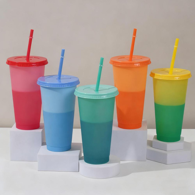 Color Changing Plastic Tumbler with Straw 24oz Reusable Cold Water Cup Leak-Proof Stackable Drinkware for Indoor Outdoor Use