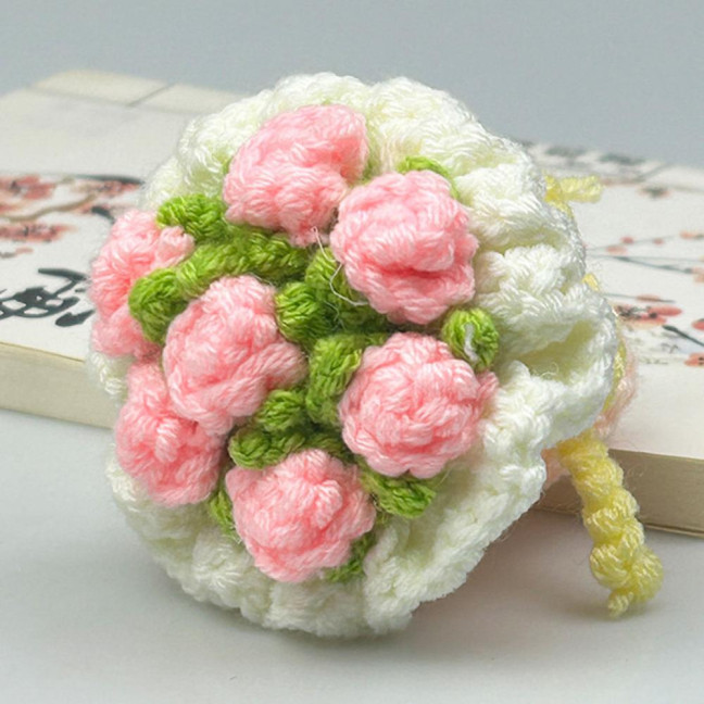 Crochet Rose Flower Bouquet Decoration Handmade Knitting Floral Ornament Finished Hand Woven Flower Table Centerpiece 