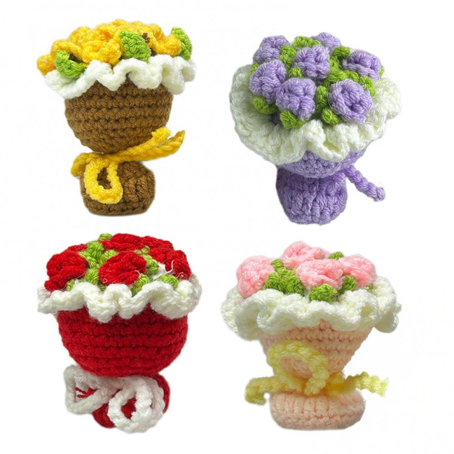Crochet Rose Flower Bouquet Decoration Handmade Knitting Floral Ornament Finished Hand Woven Flower Table Centerpiece 