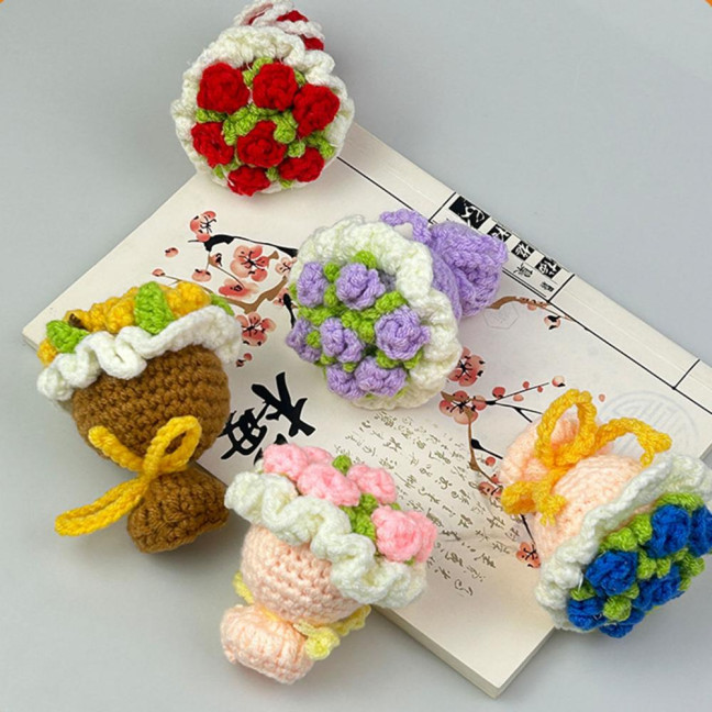 Crochet Rose Flower Bouquet Decoration Handmade Knitting Floral Ornament Finished Hand Woven Flower Table Centerpiece 