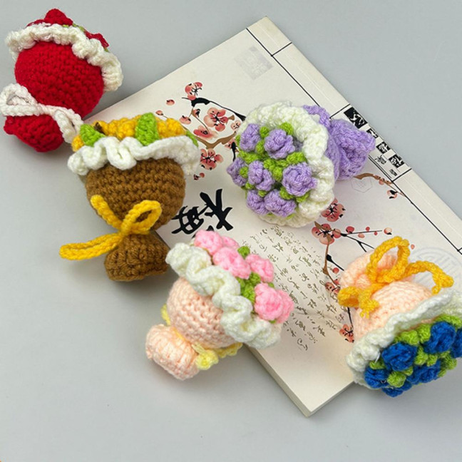 Crochet Rose Flower Bouquet Decoration Handmade Knitting Floral Ornament Finished Hand Woven Flower Table Centerpiece 