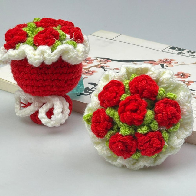 Crochet Rose Flower Bouquet Decoration Handmade Knitting Floral Ornament Finished Hand Woven Flower Table Centerpiece 
