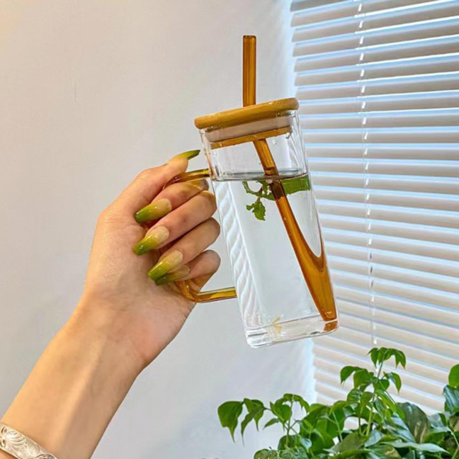 Square Glass Tumbler with Handle And Lid 380ml Transparent Coffee Cup Portable Tea Milk Jar for Hot Cold Drinks Square Glass Tumbler with Handle And Lid 380ml Transparent Coffee Cup Portable Tea Milk Jar for Hot Cold Drinks