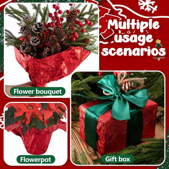 10 Yard Floral Foil Plant Pot Covers Red/Golden Matte Texture Plant Pot Wrapping Paper for Christmas Home Flower Pot DIY Decor