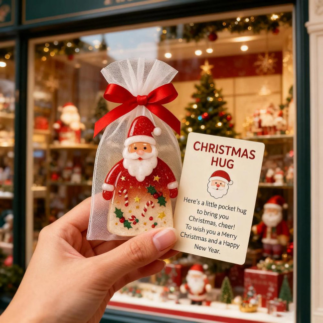 Little Pocket Christmas Hug Small Resin Santa Claus Ornaments with Encouragement Card Emotional Support Keepsake for Friends Family Christma Party Favors