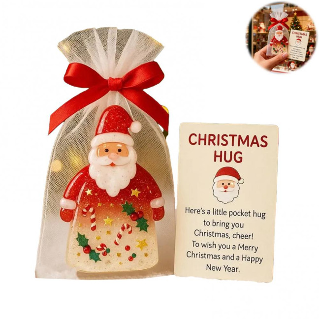 Little Pocket Christmas Hug Small Resin Santa Claus Ornaments with Encouragement Card Emotional Support Keepsake for Friends Family Christma Party Favors