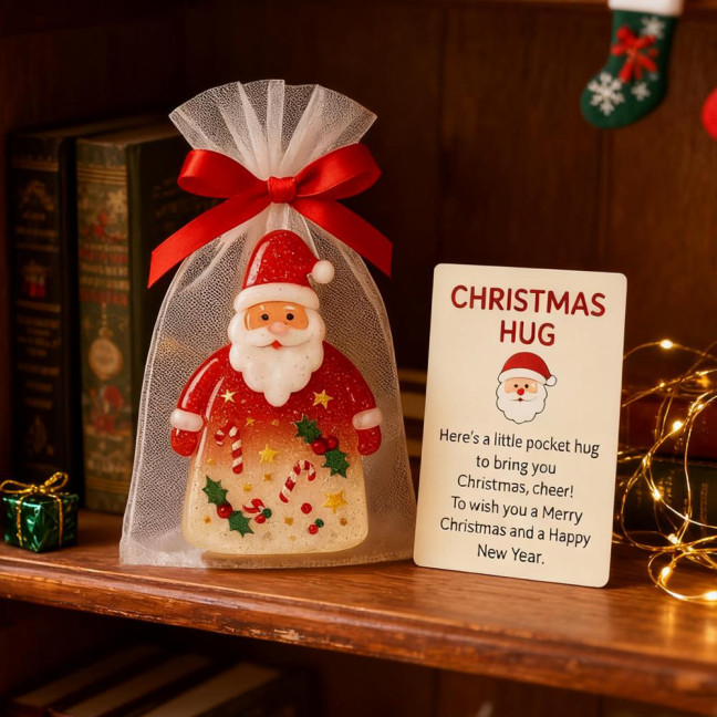 Little Pocket Christmas Hug Small Resin Santa Claus Ornaments with Encouragement Card Emotional Support Keepsake for Friends Family Christma Party Favors