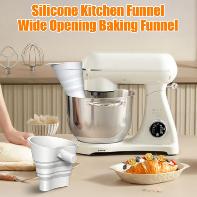 Silicone Flour Funnel for KitchenAid 5-Qt Mixer Flexible Collapsible Mess-free Pouring Funnel with 30-degrees Angled Spout Professional Baking Tool 