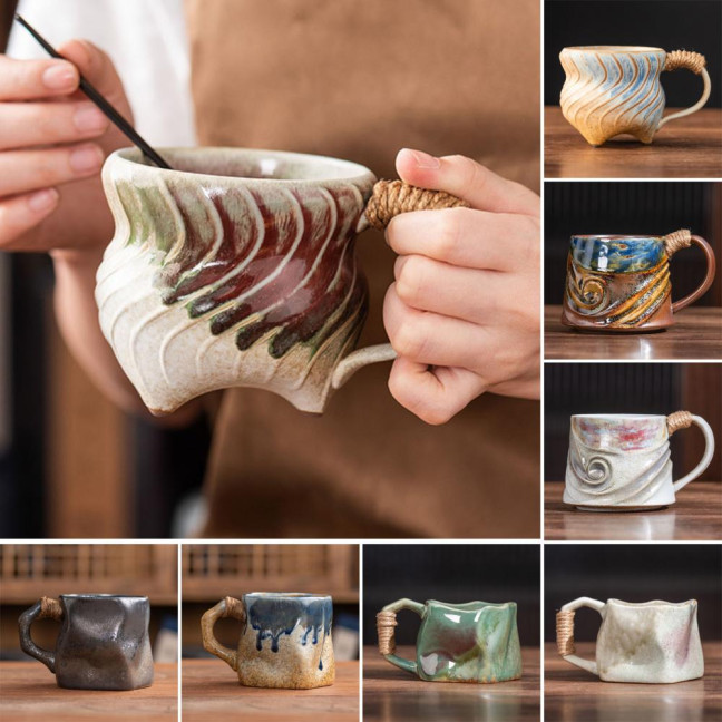 Handmade Ceramic Mug 320ml Vintage Tea Coffee Cup with Rattan Handle Creative Spiral Design Gradient Glaze Drinkware Home Decor Gifts