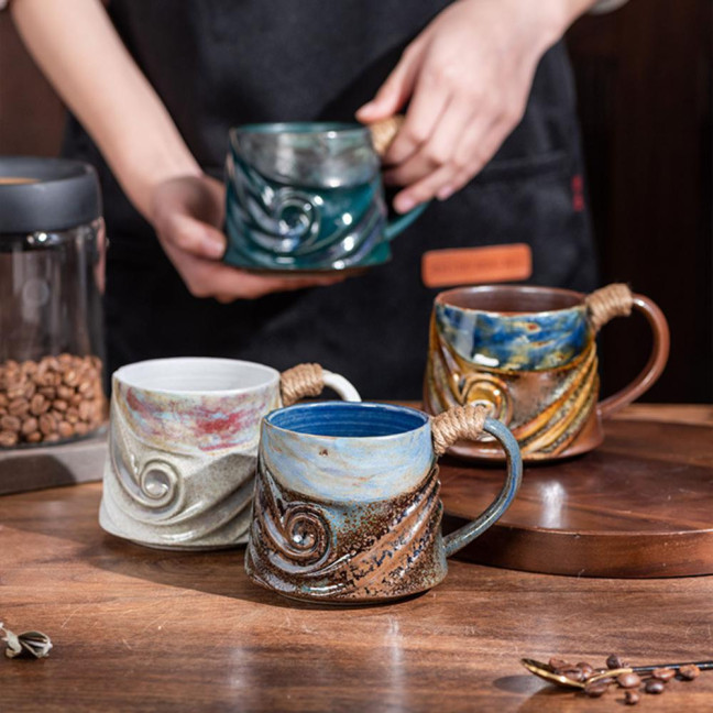 Handmade Ceramic Mug 320ml Vintage Tea Coffee Cup with Rattan Handle Creative Spiral Design Gradient Glaze Drinkware Home Decor Gifts Handmade Ceramic Mug 320ml Vintage Tea Coffee Cup with Rattan Handle Creative Spiral Design Gradient Glaze Drinkware Home Decor Gifts