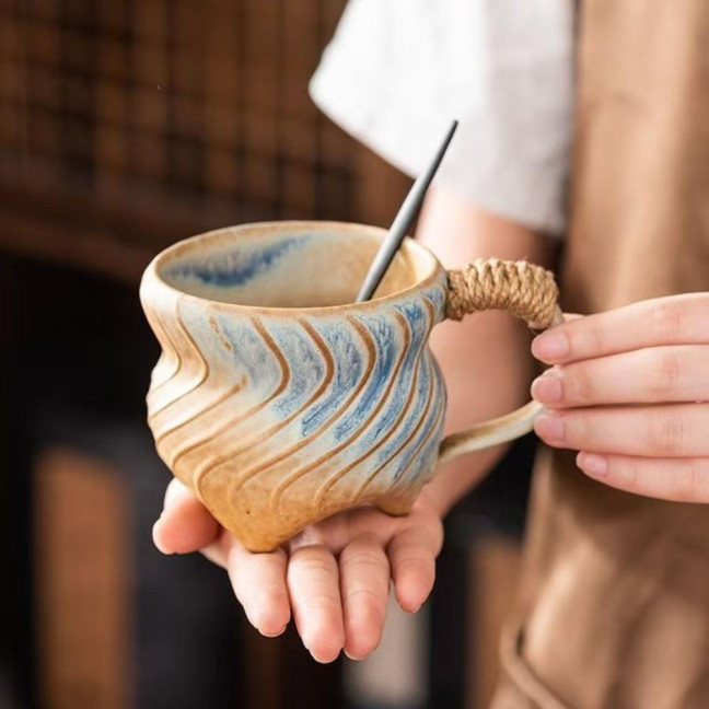 Handmade Ceramic Mug 320ml Vintage Tea Coffee Cup with Rattan Handle Creative Spiral Design Gradient Glaze Drinkware Home Decor Gifts Handmade Ceramic Mug 320ml Vintage Tea Coffee Cup with Rattan Handle Creative Spiral Design Gradient Glaze Drinkware Home Decor Gifts