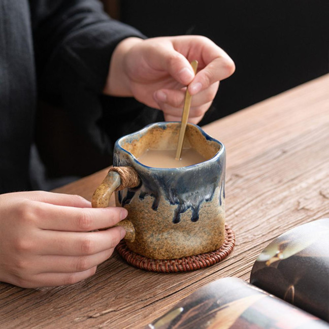 Handmade Ceramic Mug 320ml Vintage Tea Coffee Cup with Rattan Handle Creative Spiral Design Gradient Glaze Drinkware Home Decor Gifts Handmade Ceramic Mug 320ml Vintage Tea Coffee Cup with Rattan Handle Creative Spiral Design Gradient Glaze Drinkware Home Decor Gifts