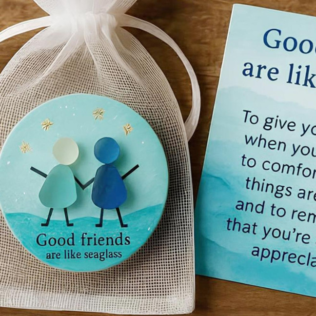 Friendship Sea Glass Christmas Ornament Inspirational Card with Acrylic Charm in Mesh Bag Meaningful Gift for Best Friends Lasting Bonds